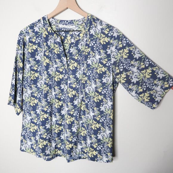 Notations Womens Blouse Large Blue Yellow Floral Flowy Office Casual‎ Spring - Picture 5 of 7